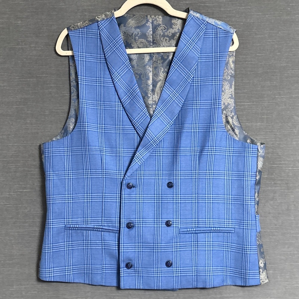 EJ Samuel Suit Vest Waistcoat 42R Blue Plaid Italy Tessuto Wool Double Breasted